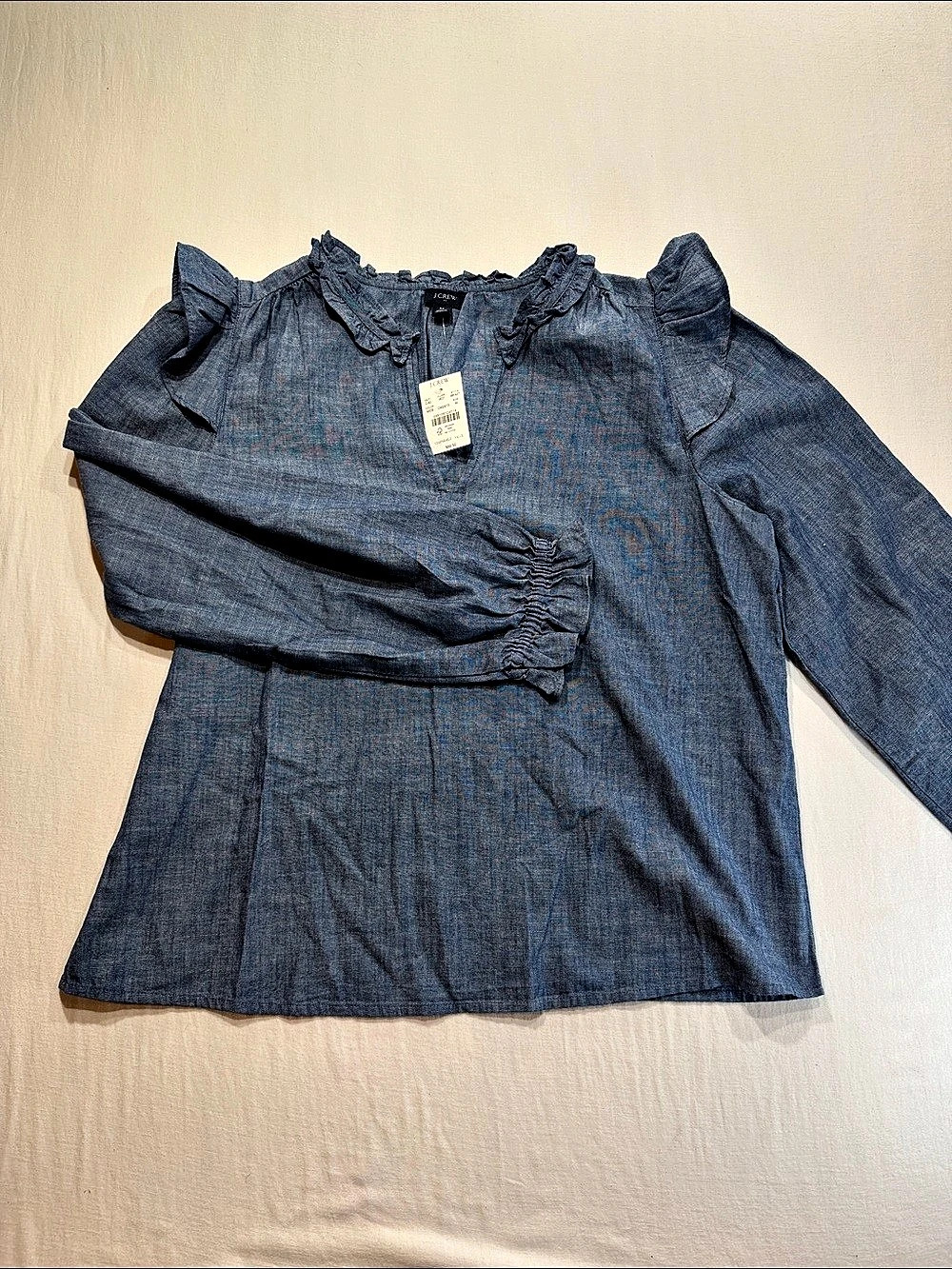J.Crew Chambray Ruffle-Collar Top Cotton Ruffle Blouse Blue Medium